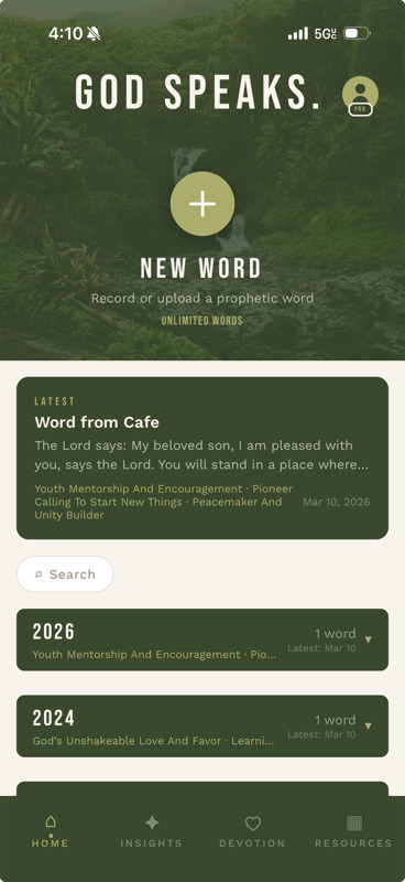 The God Speaks app showing a library of prophetic words